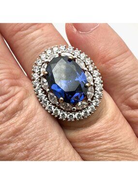 Blue Spinel Ring Oval Cut Halo Statement Gold Plated Sterling Silver Size 8